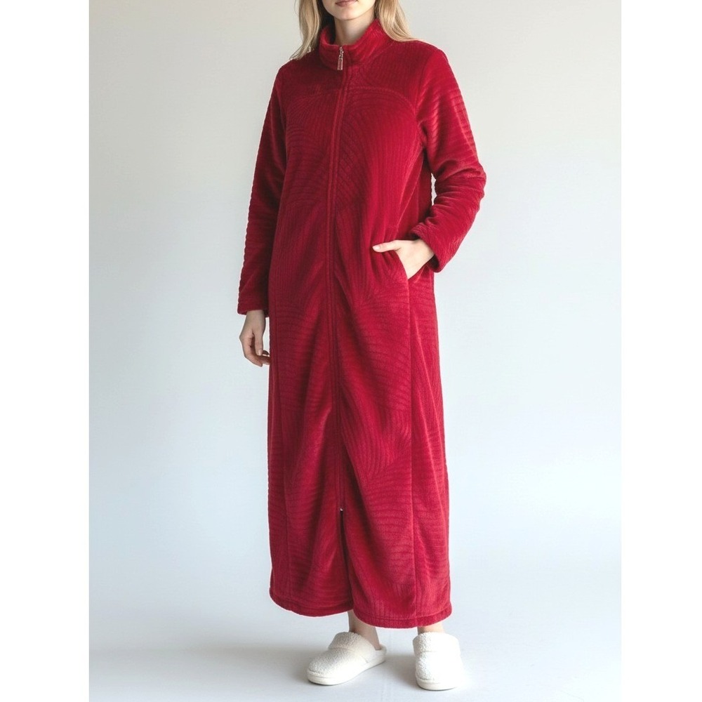 CozyCore Full Zip Red Fleece Robe Textured 2 Pockets Soft Lounge Womens XL  (F8)
